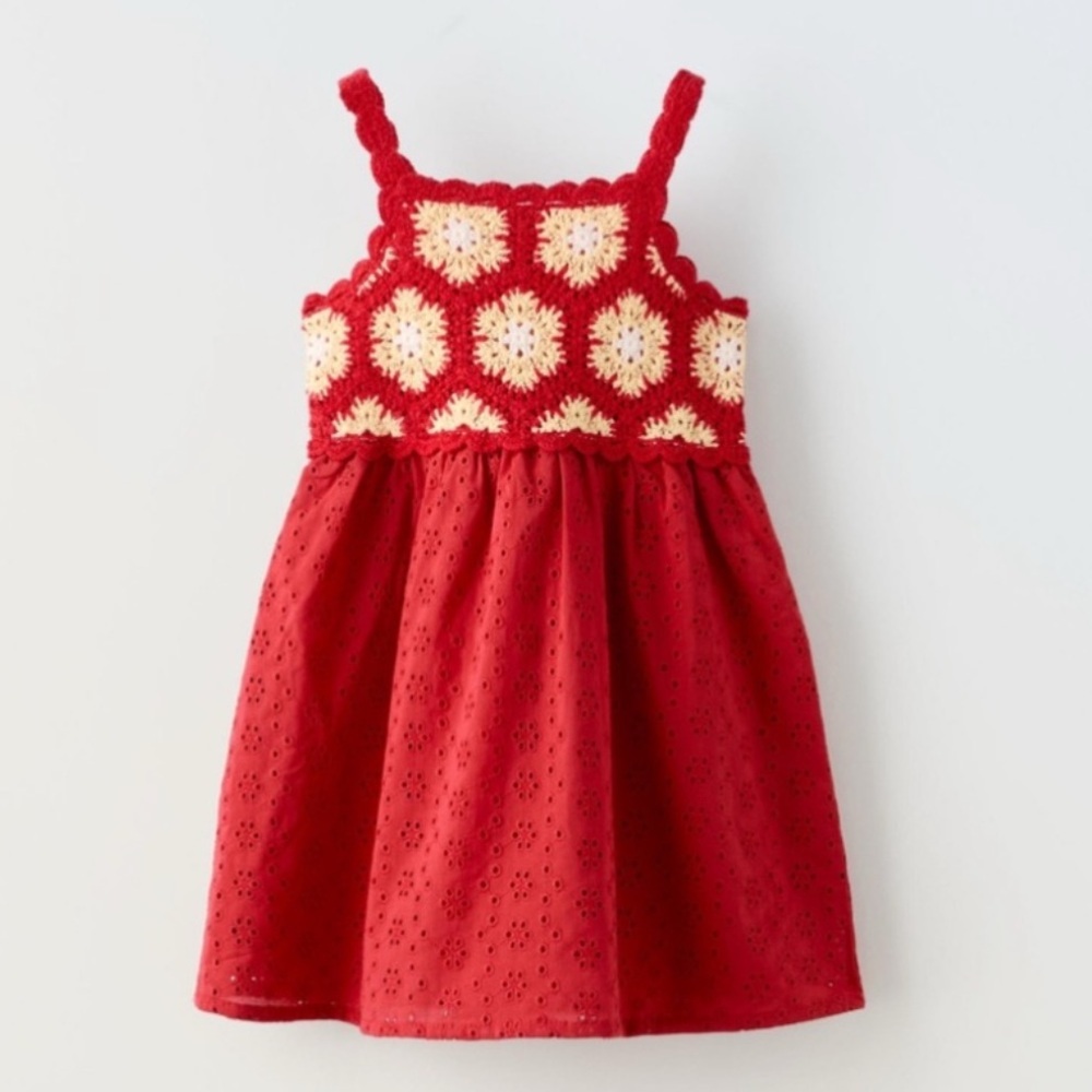 Zara Red Yellow and White Crochet and Eyelet Kids Dress. Size 1.5 Years